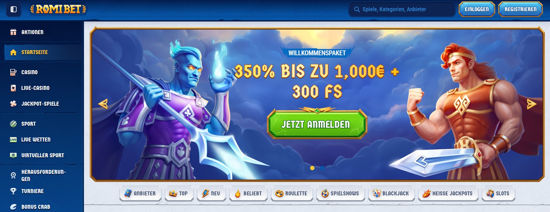 Online-Casino-Werbebanner mit zwei illustrativen Kriegerfiguren, einem grünen Anmeldebutton und dem Angebot „Willkommenspaket 350% bis zu 1.000€ + 300 FS“, seitliche Navigationsleiste mit Kategorien wie Spielautomaten, Live-Casino und Sport; geeignet für SEO und Barrierefreiheit.